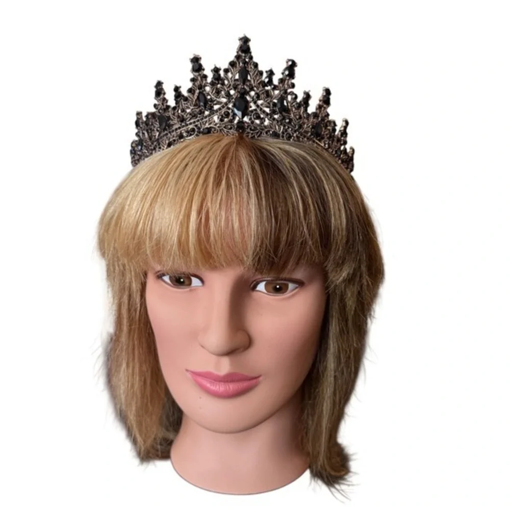 Gothic Crown Gold Metal with black‎ rhinestones - goth prom evil queen cosplay